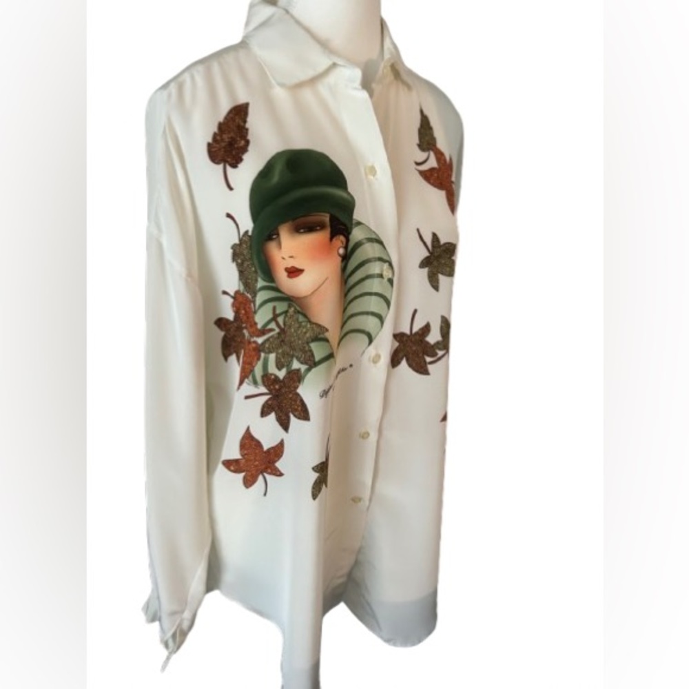 Vintage Defense B’Afficher Blouse Leaf Medium Small Fall Shirt Top Art Deco Face